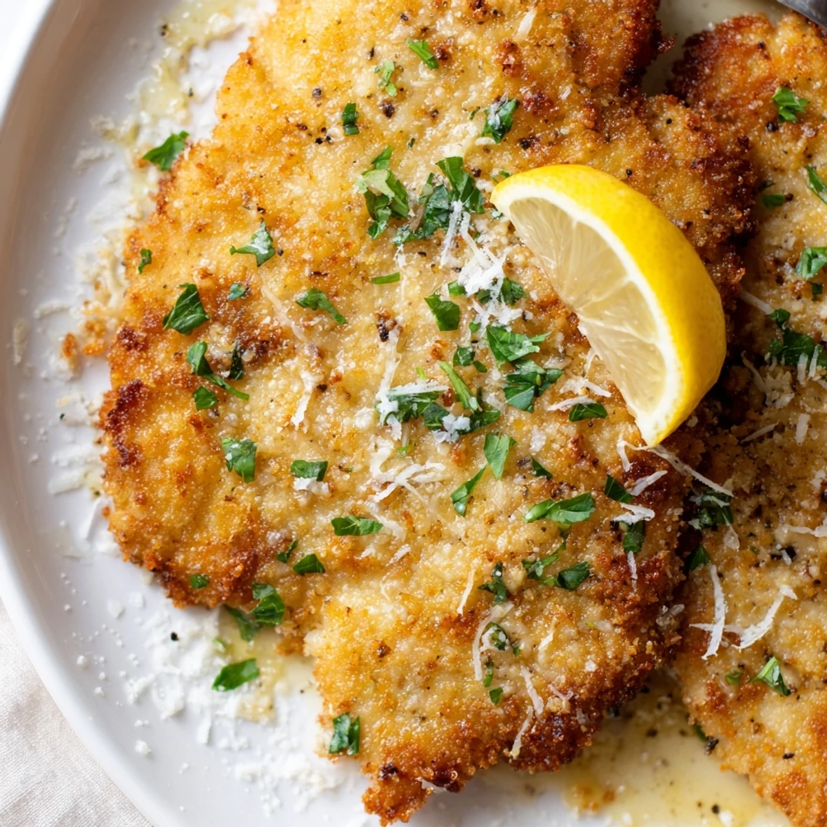 Crispy, golden Lemon Chicken Romano glistening in lemon-butter sauce, parsley garnish