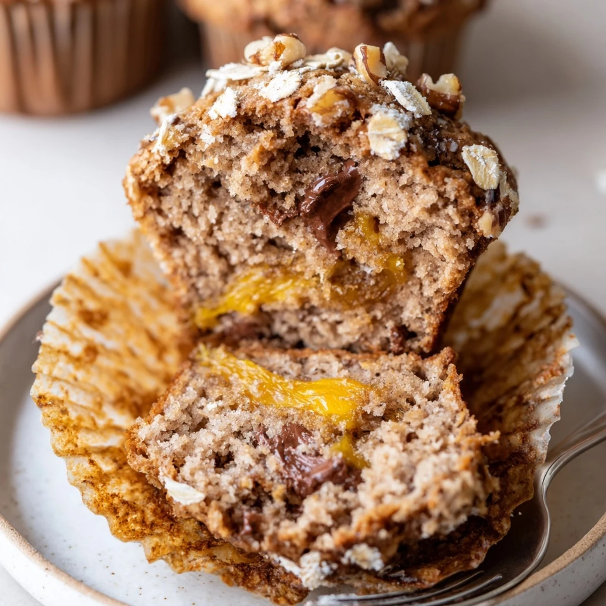 Warm Butternut Squash Banana Muffins in paper liners, fragrant cinnamon and nutmeg