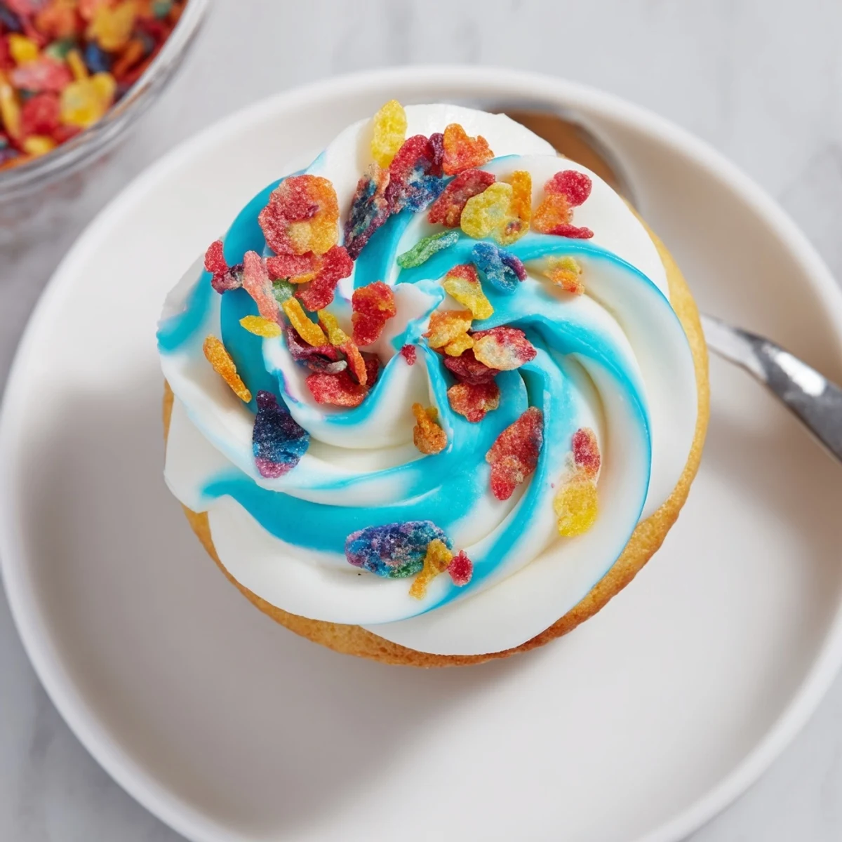 Fruity Pebbles Cereal Frosting piped on cupcakes, colorful crunchy cereal garnish
