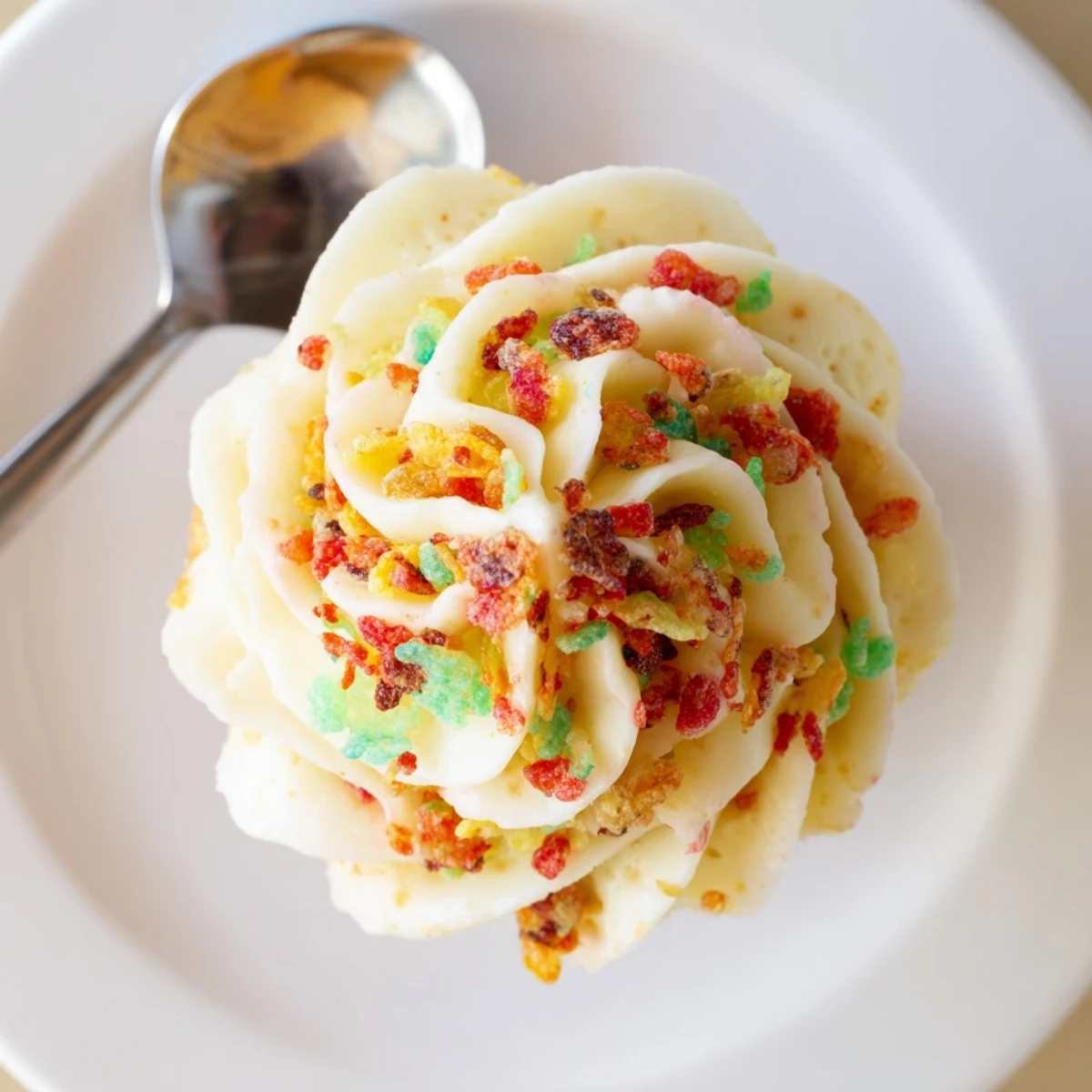 Creamy Fruity Pebbles Cereal Frosting spread thickly, sweet aroma and texture