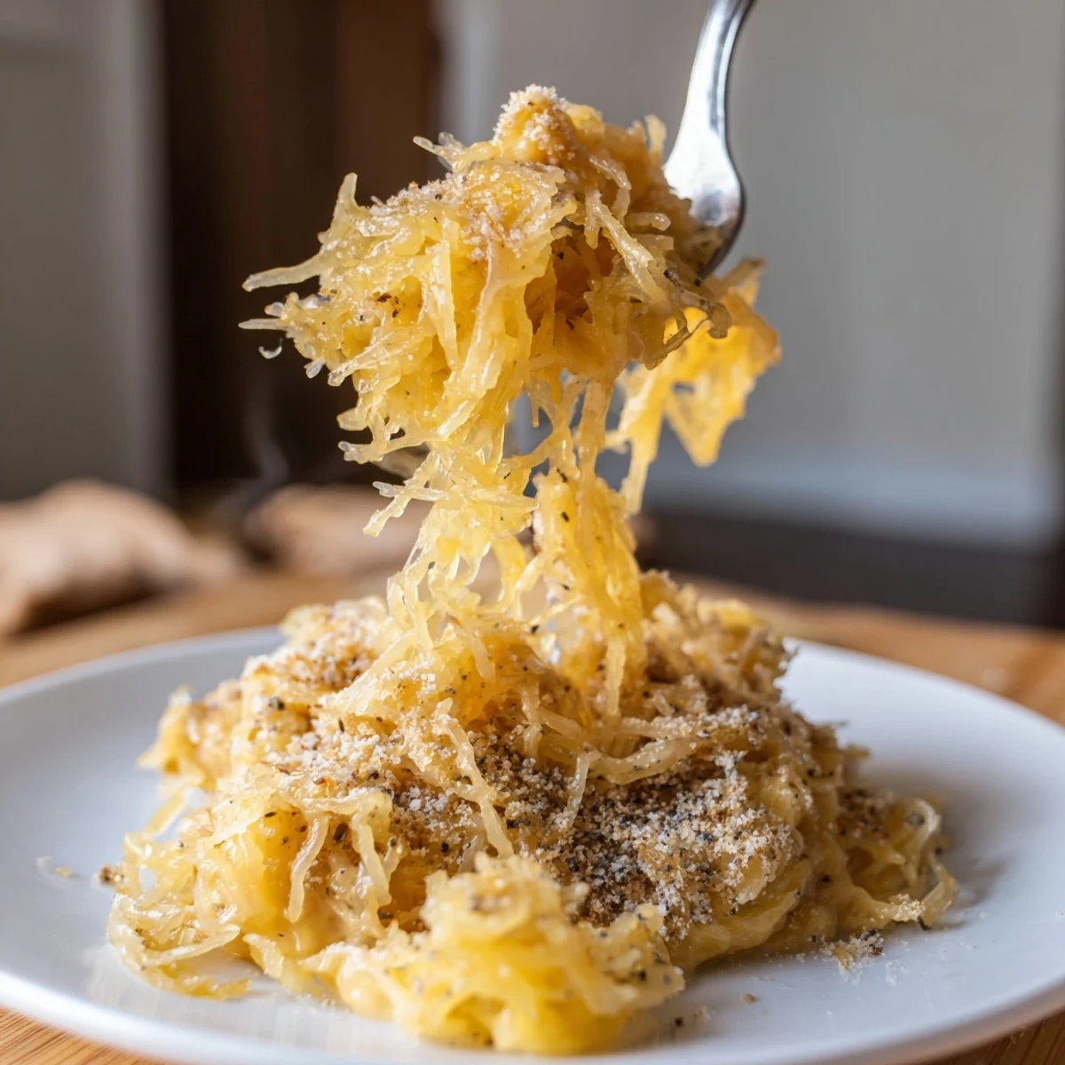 Roasted Spaghetti Squash Mac Cheese strands tossed in cheesy sauce, served warm.