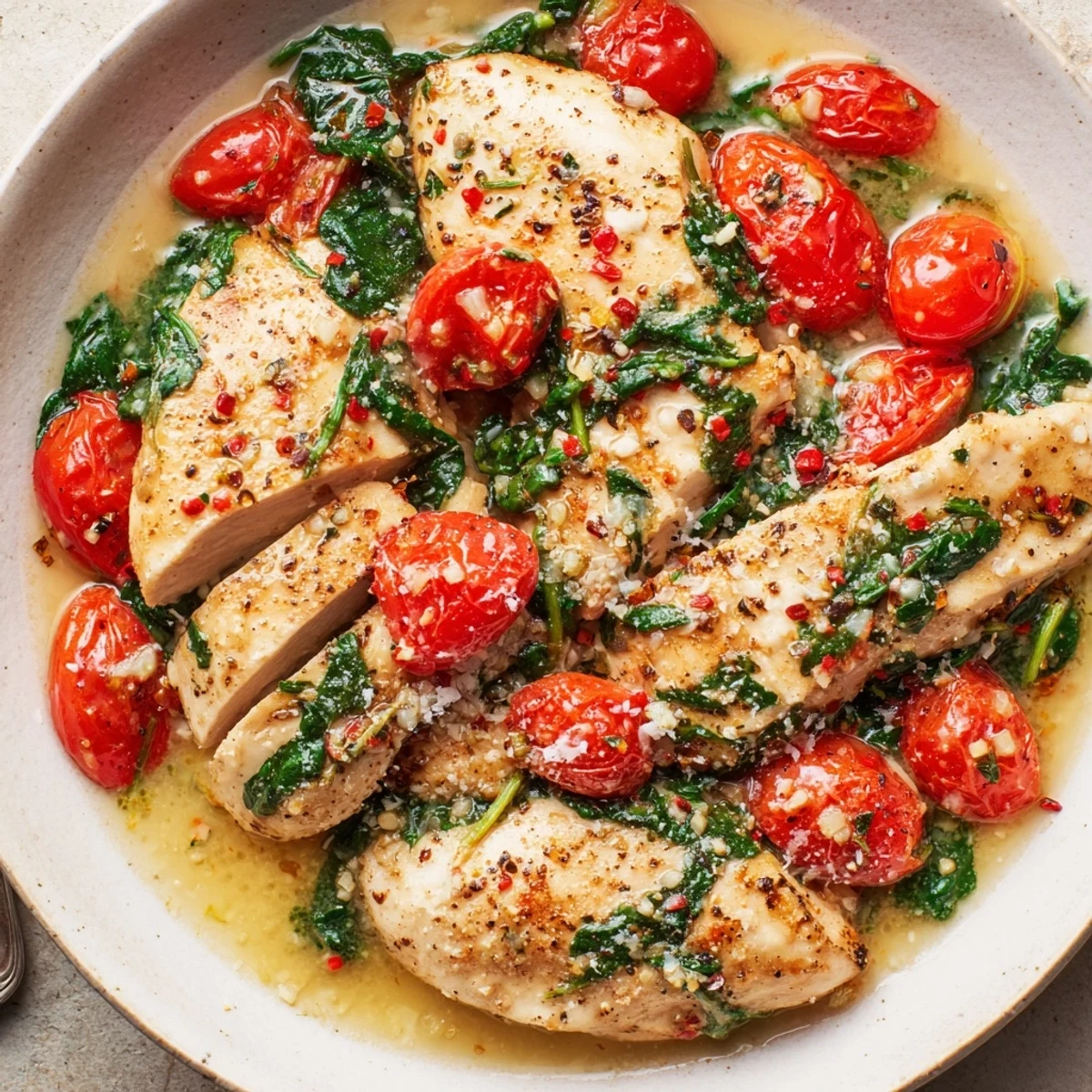 Plated Tomato Spinach White Wine Chicken with crusty bread, aromatic garlic sauce.