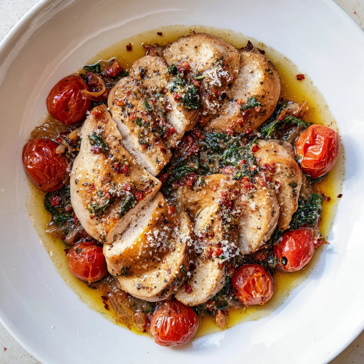 Tomato Spinach White Wine Chicken sizzling in skillet, juicy tomatoes and wilted spinach.