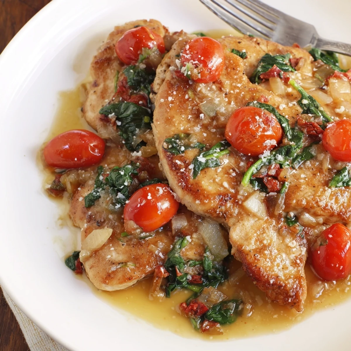 Close-up of Tomato Spinach White Wine Chicken, tender breasts bathing in glossy sauce.