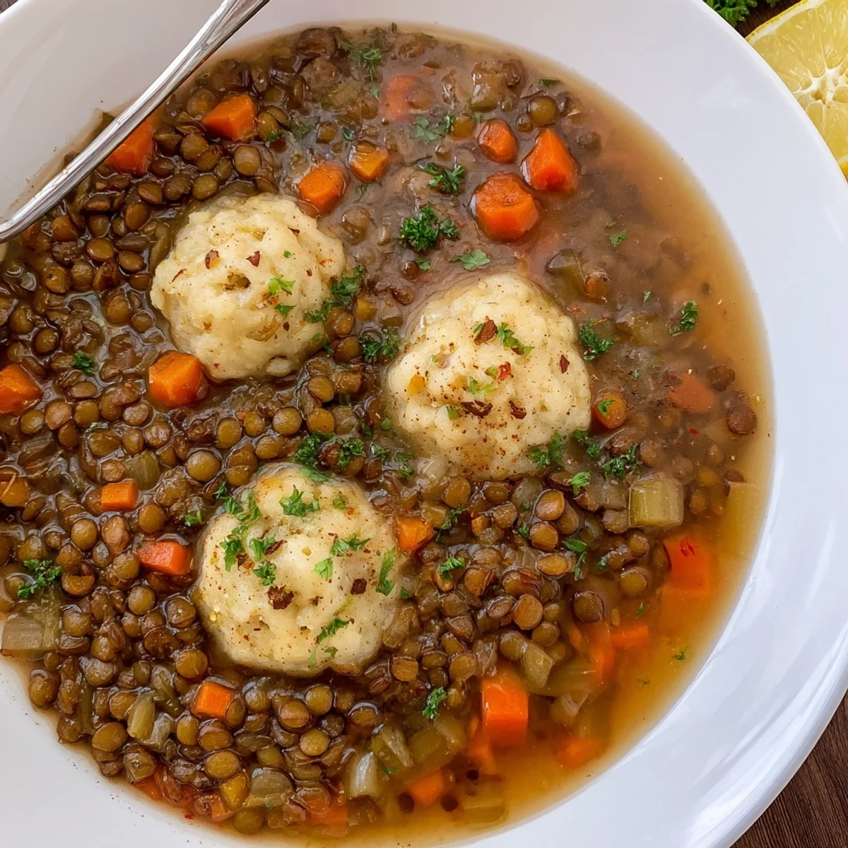 Lentils With Dumplings simmered in savory broth, fluffy pillows steaming on top