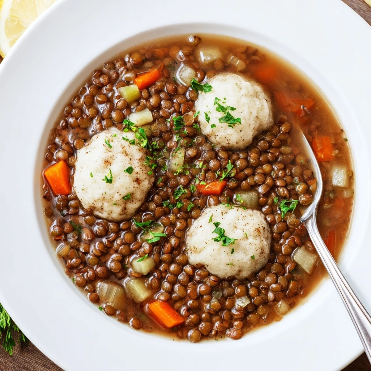 Hearty Lentils With Dumplings served in a rustic bowl, sprinkled with parsley