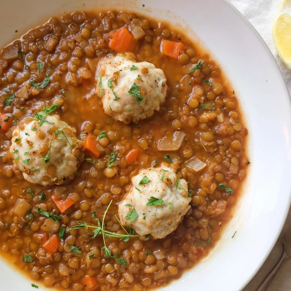 Warm Lentils With Dumplings topped with lemon zest, comforting vegetarian main