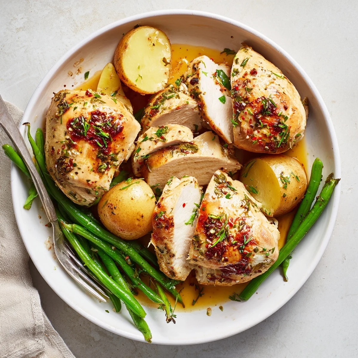 Slow Cooker Chicken And Potatoes With Green Beans steaming in savory herb broth