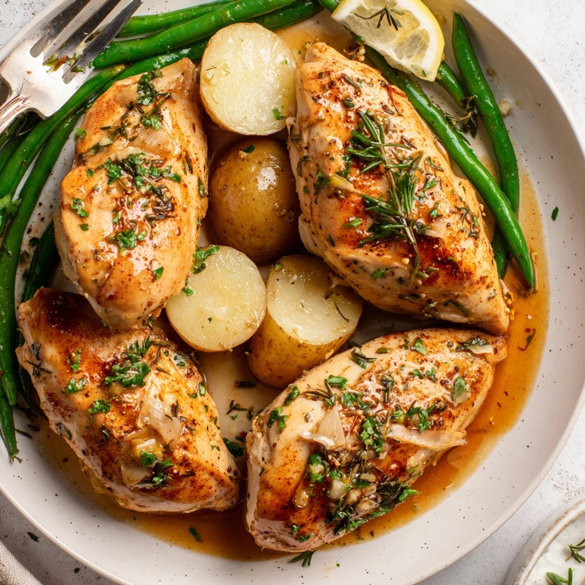 Slow Cooker Chicken And Potatoes With Green Beans served with bright lemon wedges