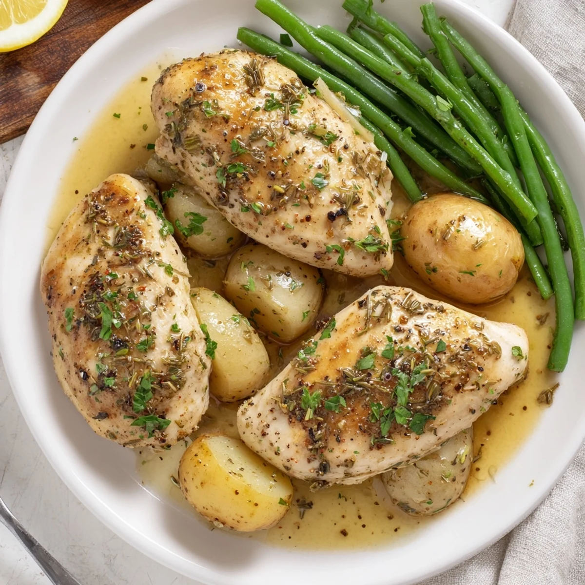 Slow Cooker Chicken And Potatoes With Green Beans garnished with parsley, fork ready