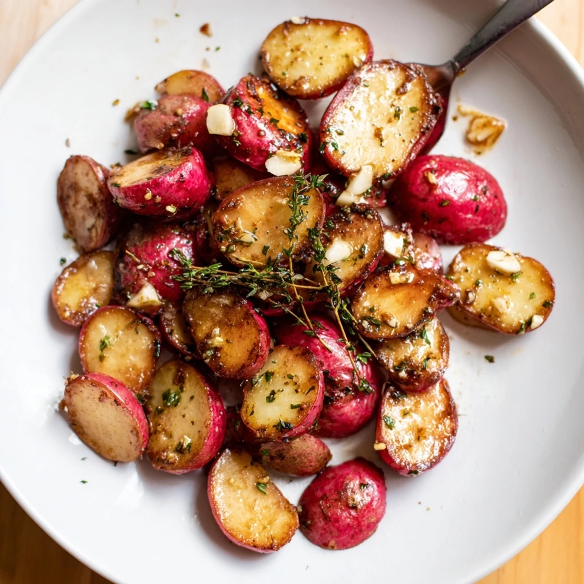 Garlic Roasted Radishes glistening with olive oil, golden edges, sprinkled parsley.