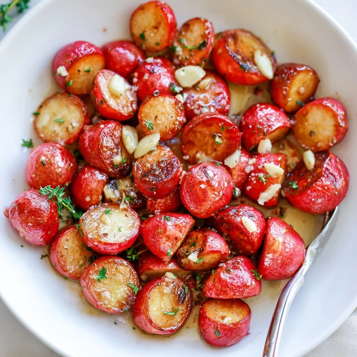 Bright Garlic Roasted Radishes tossed with lemon, herb-sprinkled for serving.