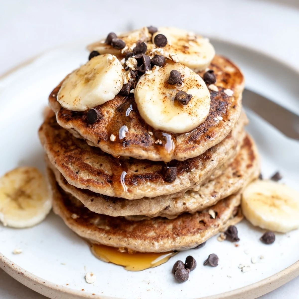 Protein Banana Pancakes stacked, golden edges, warm syrup dripping, sliced banana garnish