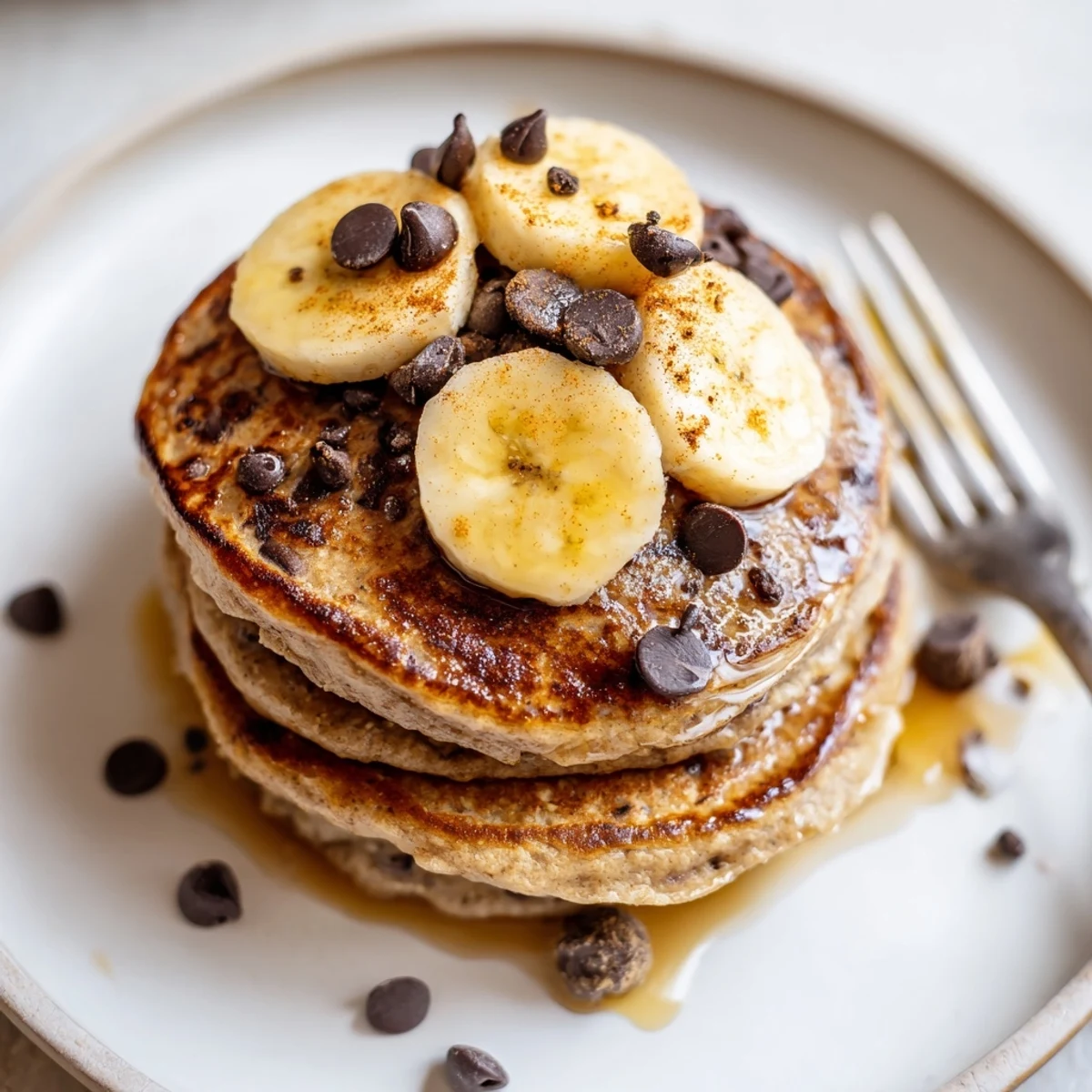 Plate of Protein Banana Pancakes topped with maple syrup and sliced berries