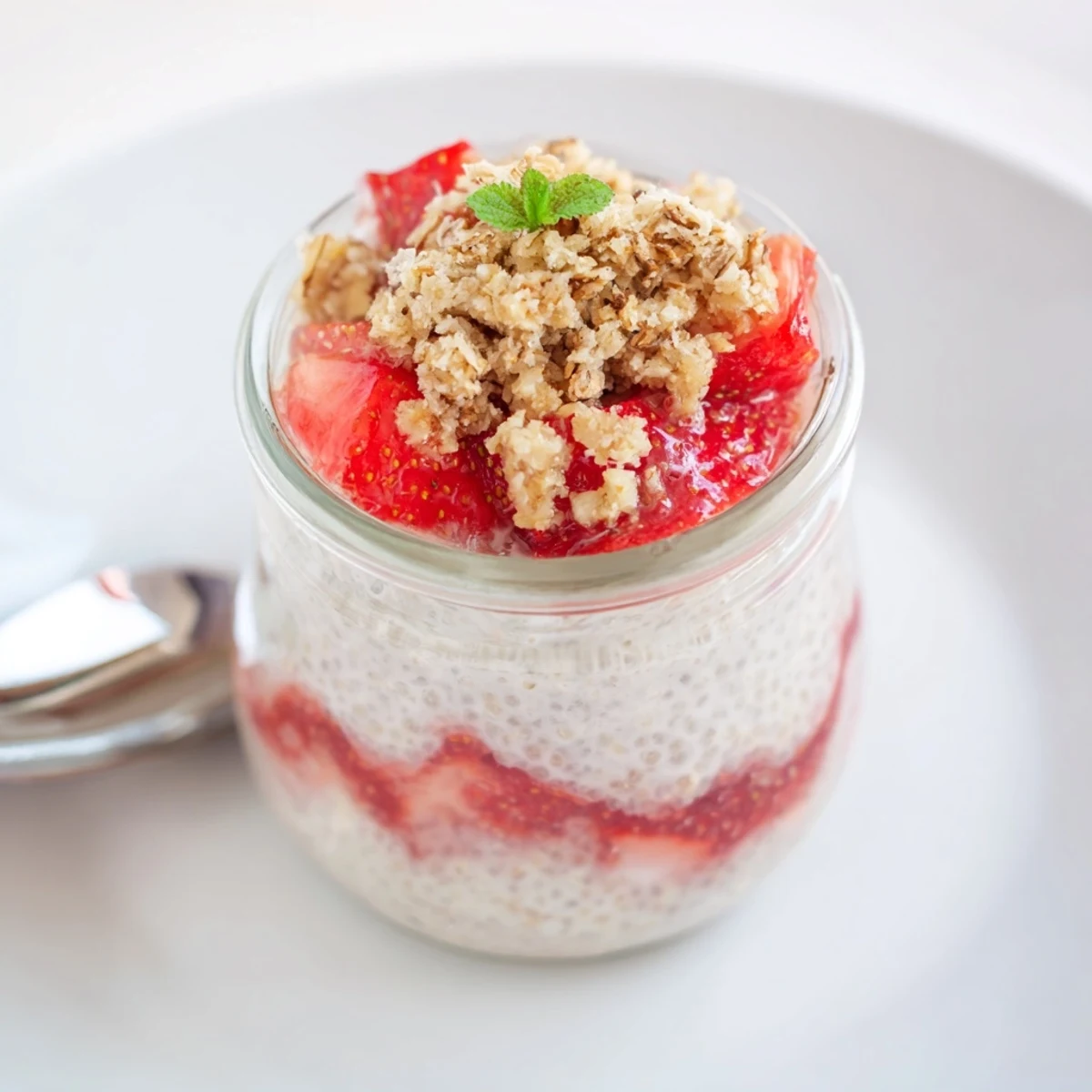 Strawberry Crumble Chia Pudding in glass jars, creamy layers and crunchy topping