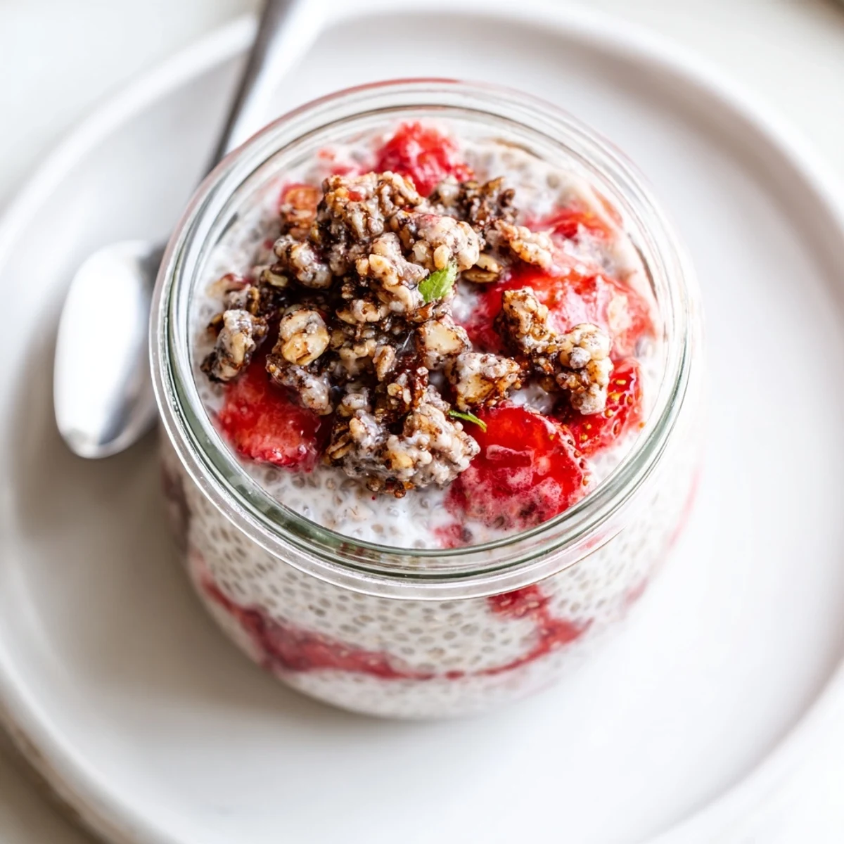 A chilled Strawberry Crumble Chia Pudding with bright strawberries and oat crumble