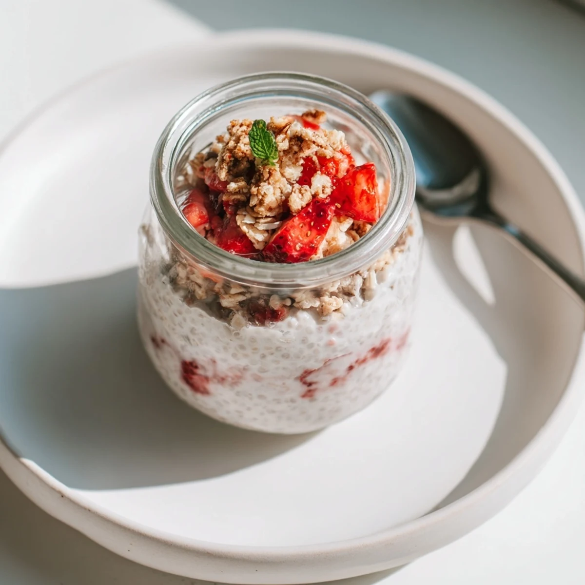 Serve Strawberry Crumble Chia Pudding for breakfast, silky chia, tangy berries, crisp crumble