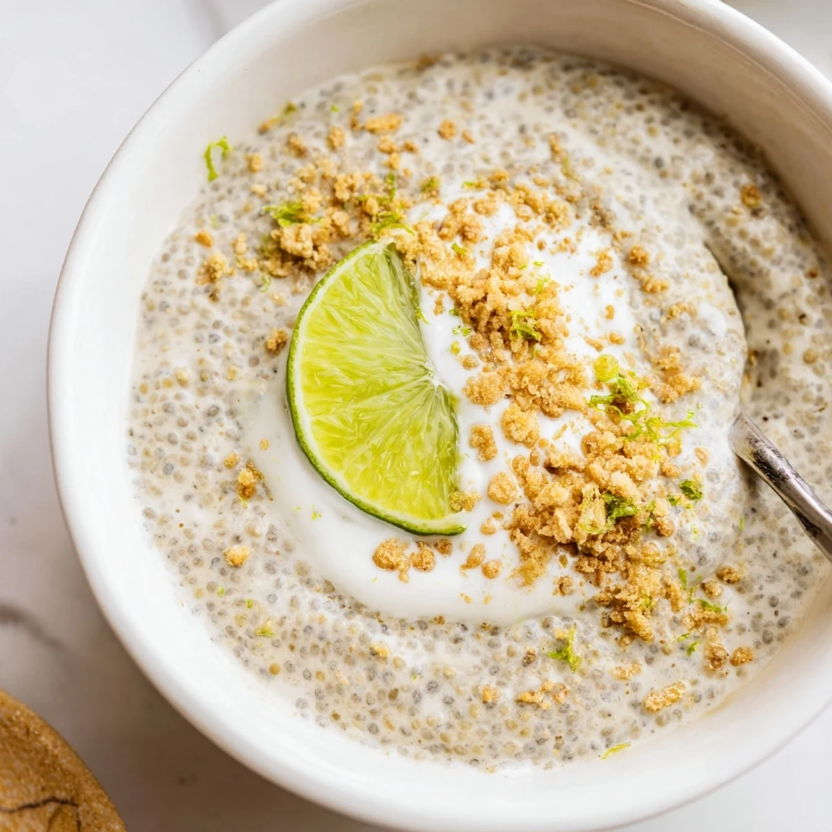 Tangy Key Lime Chia Pudding chilled in glasses, garnished with graham crumbs
