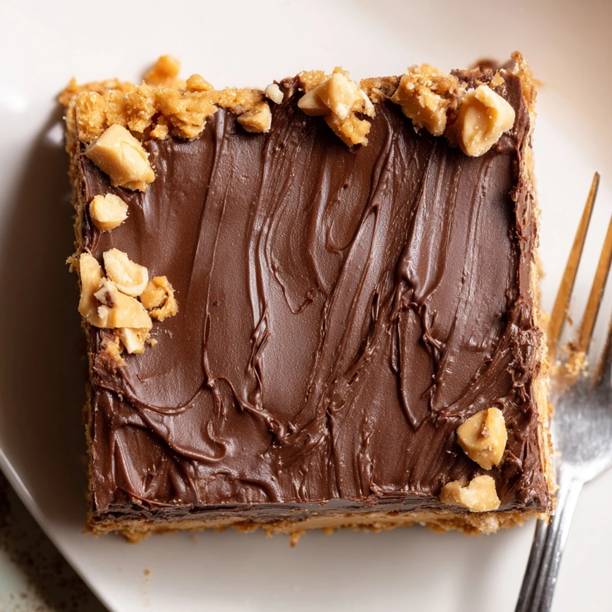 Peanut Butter Bars sliced on parchment, glossy chocolate topping, chewy peanut base