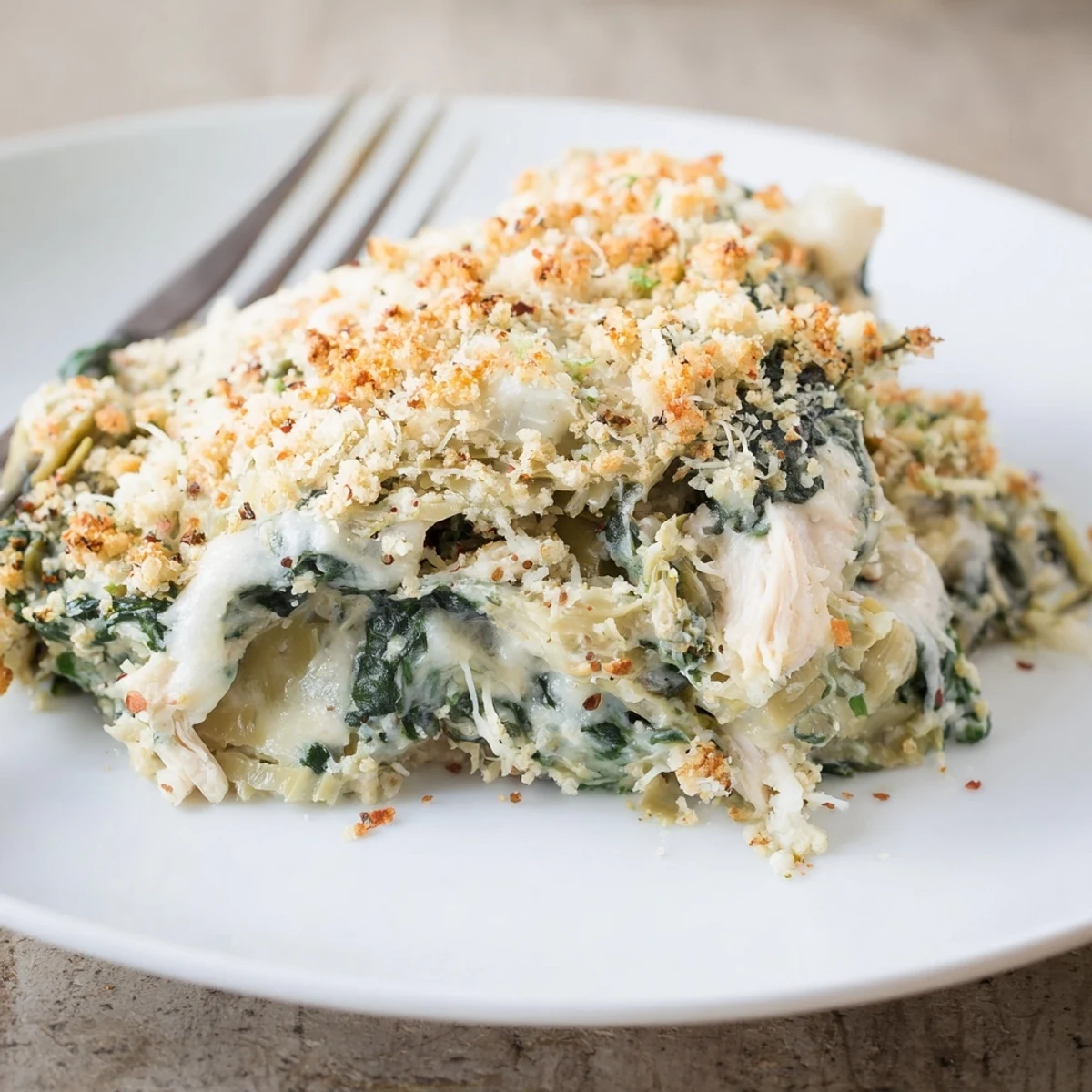 Creamy Spinach Artichoke Chicken Casserole emerging from oven with browned cheese