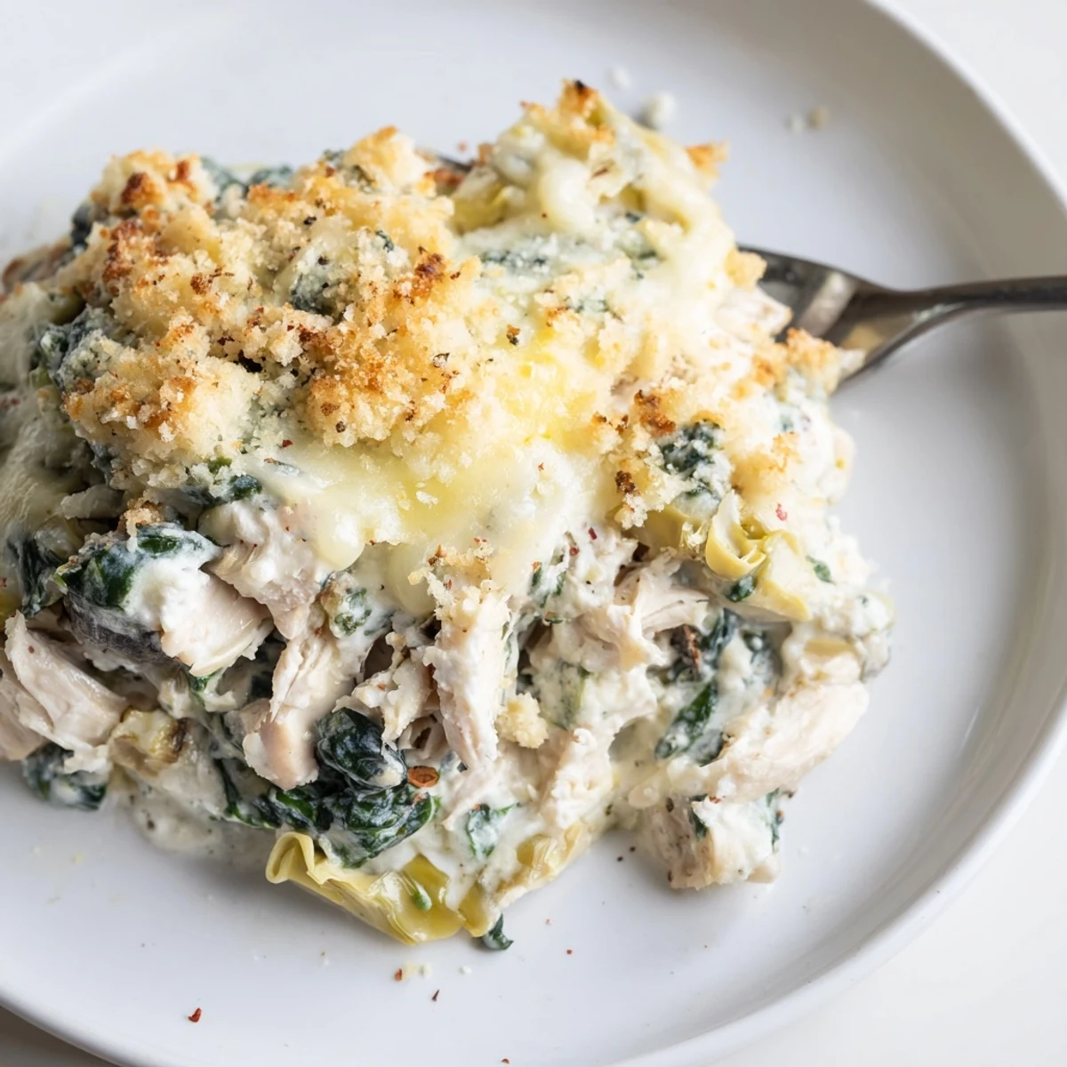 Hearty Spinach Artichoke Chicken Casserole spoonful showcasing melty mozzarella and herbs