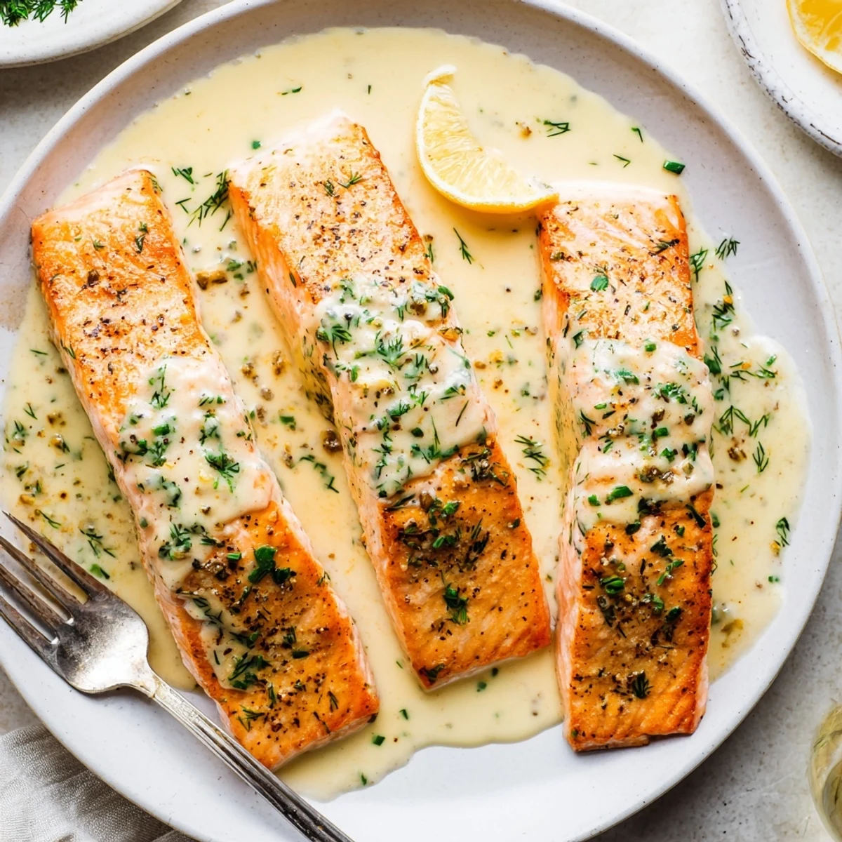 Pan seared Salmon With Lemon Cream Sauce, glossy lemon cream draping fillets