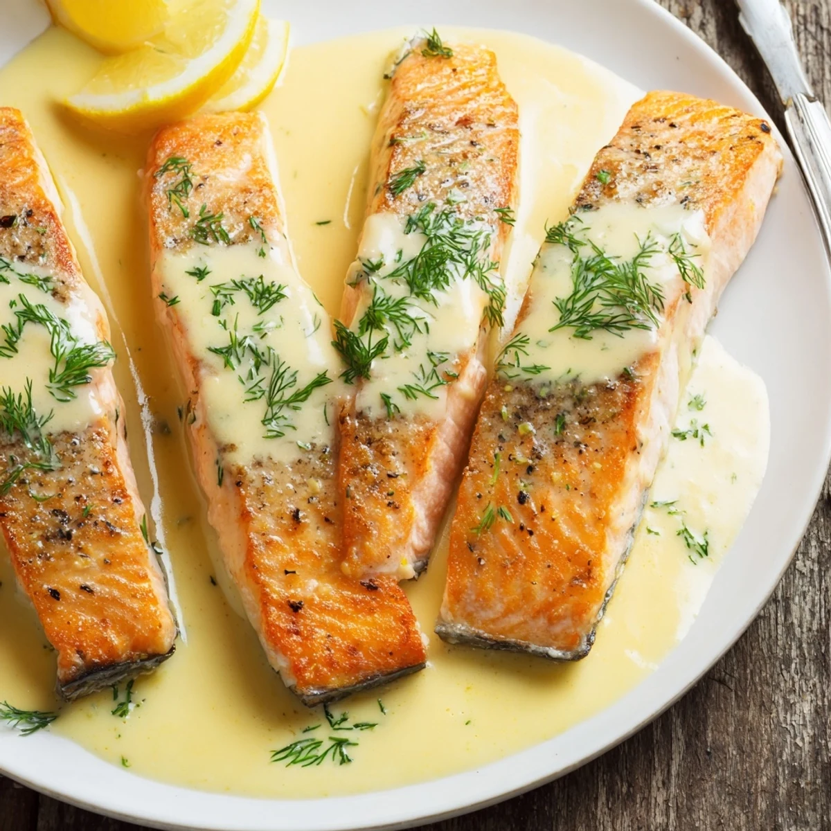 Herb garnished Salmon With Lemon Cream Sauce resting beside roasted potatoes