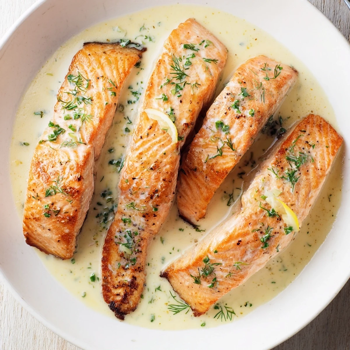 Creamy, zesty Salmon With Lemon Cream Sauce over fluffy rice, lemon wedge