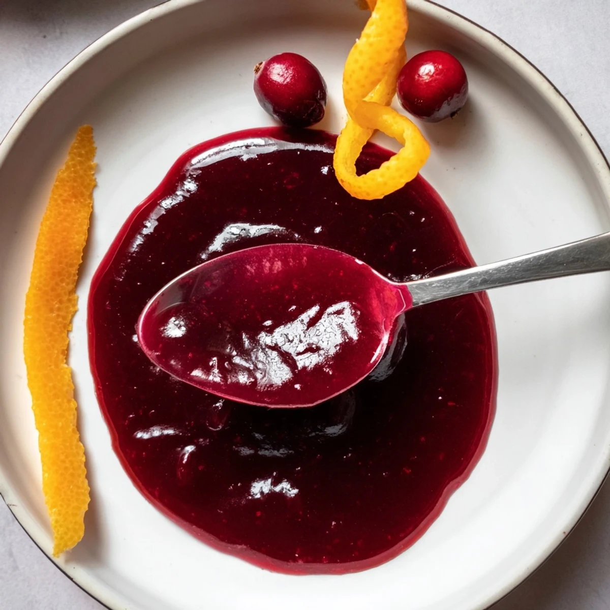 Cranberry syrup glossy red in jar, tangy aroma, perfect for pancakes