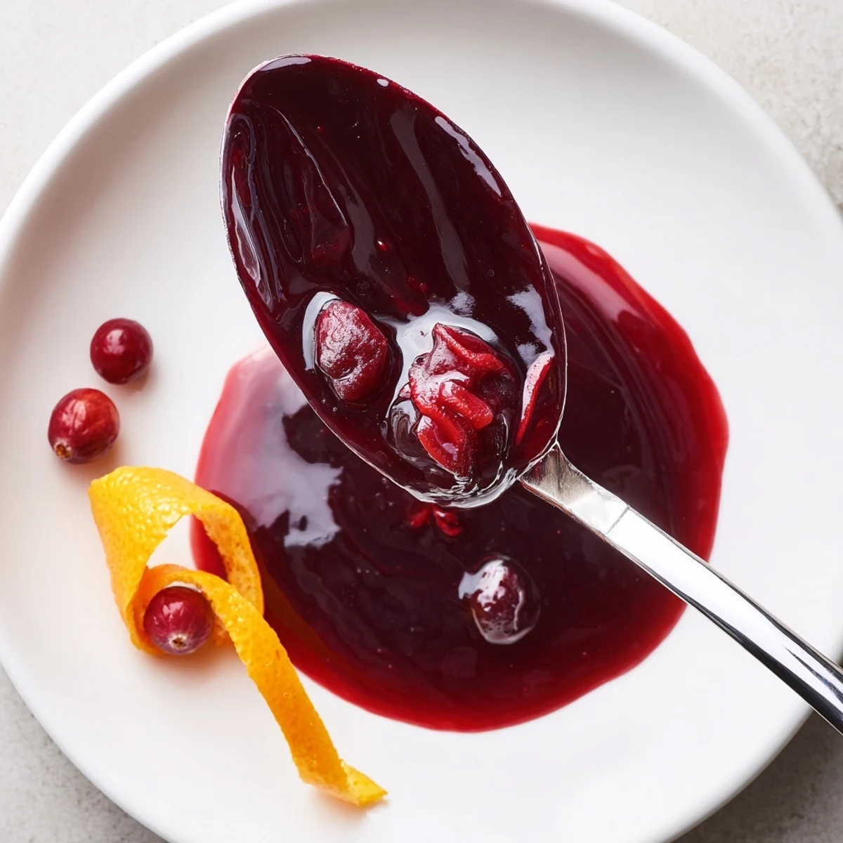 Bottled cranberry syrup drizzled over warm waffles, silky texture and citrus notes