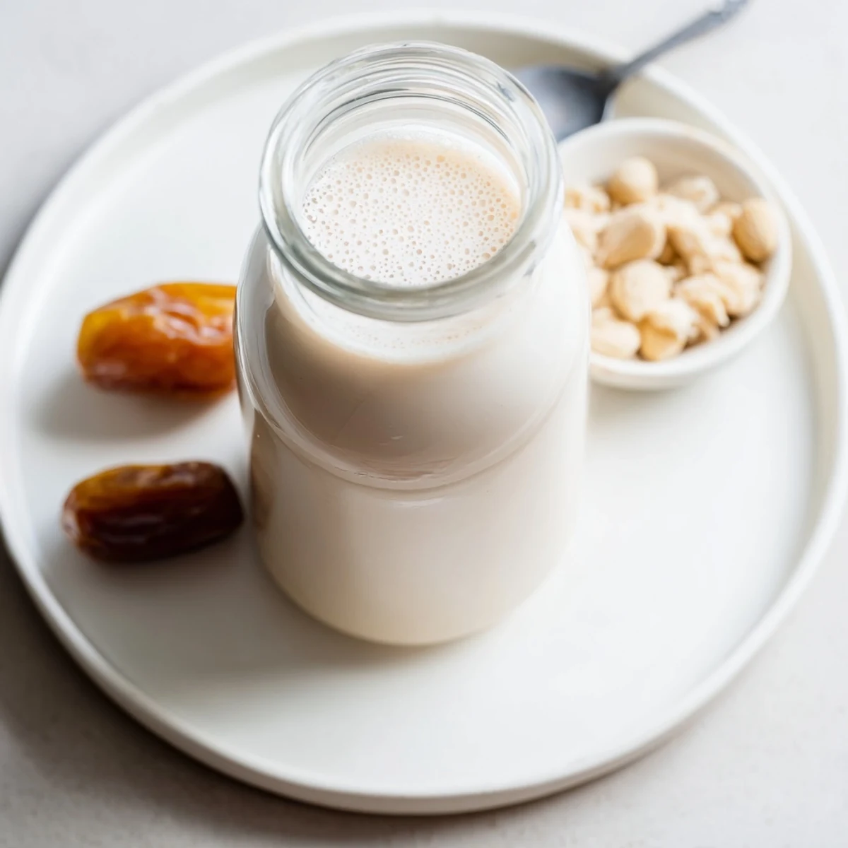 Chilled Almond Milk in jar with condensation, vanilla and nutty aroma