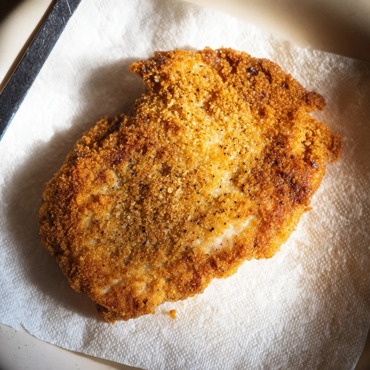 Buttermilk marinated Fried Chicken Breast resting on paper towel, ready to serve.