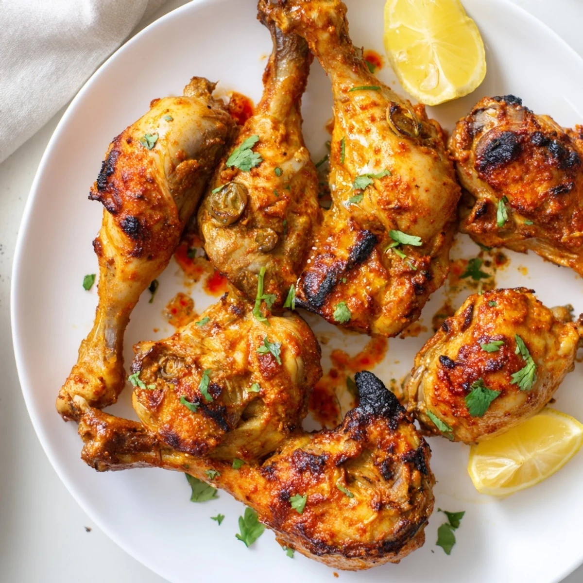 Tandoori Chicken with charred edges, vibrant spices, cilantro and lemon wedges