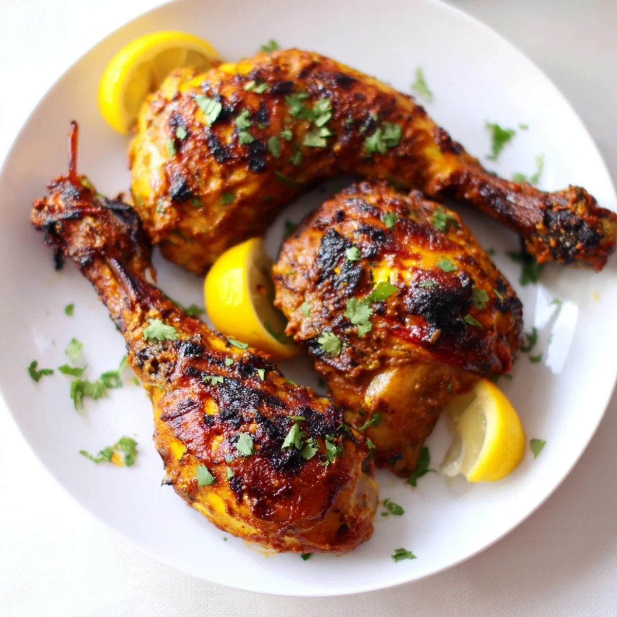 Oven roasted Tandoori Chicken glistening with oil, smoky aroma, served over naan
