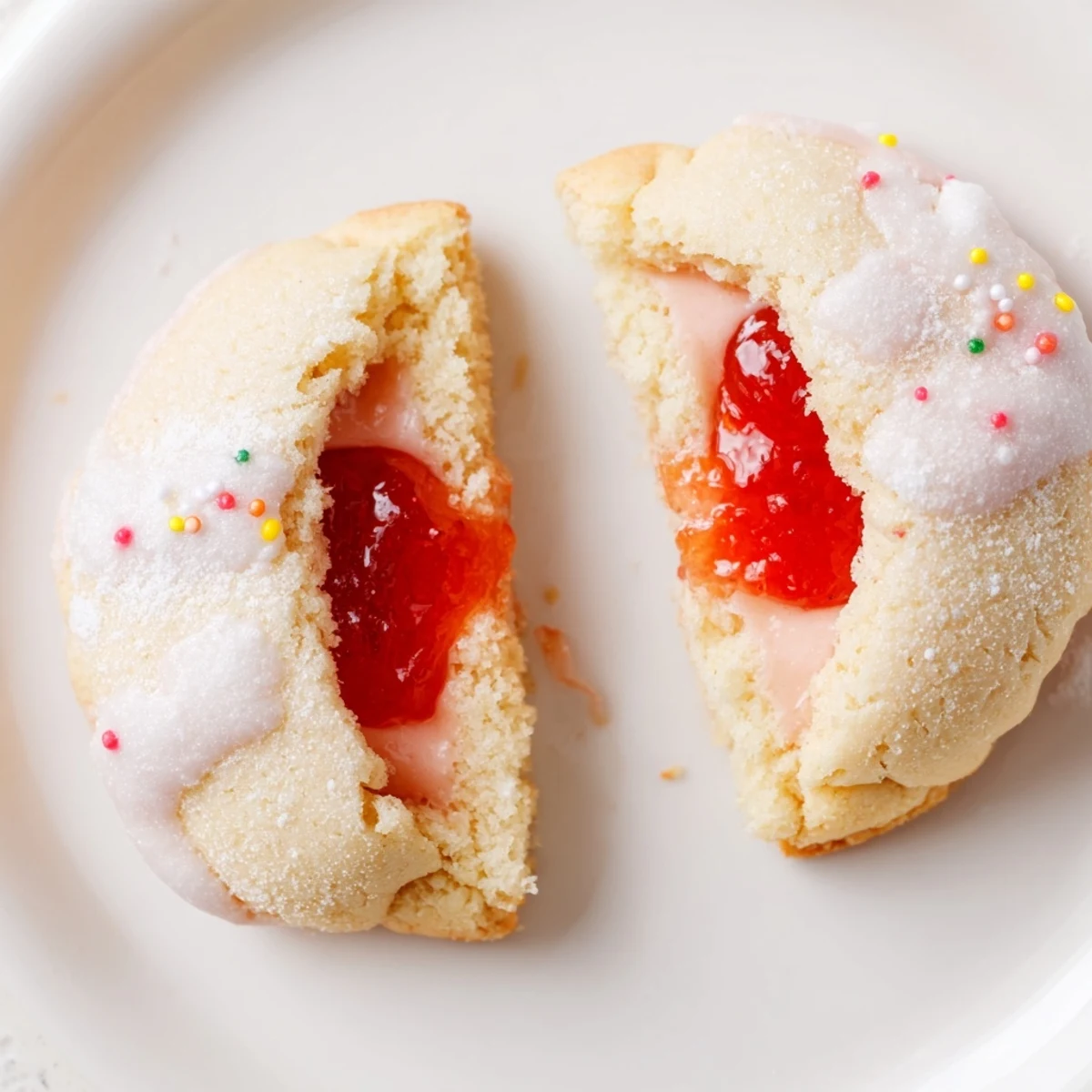 Warm Strawberry Pop Tart Cookies split open, glossy jam center oozing sweetness.  