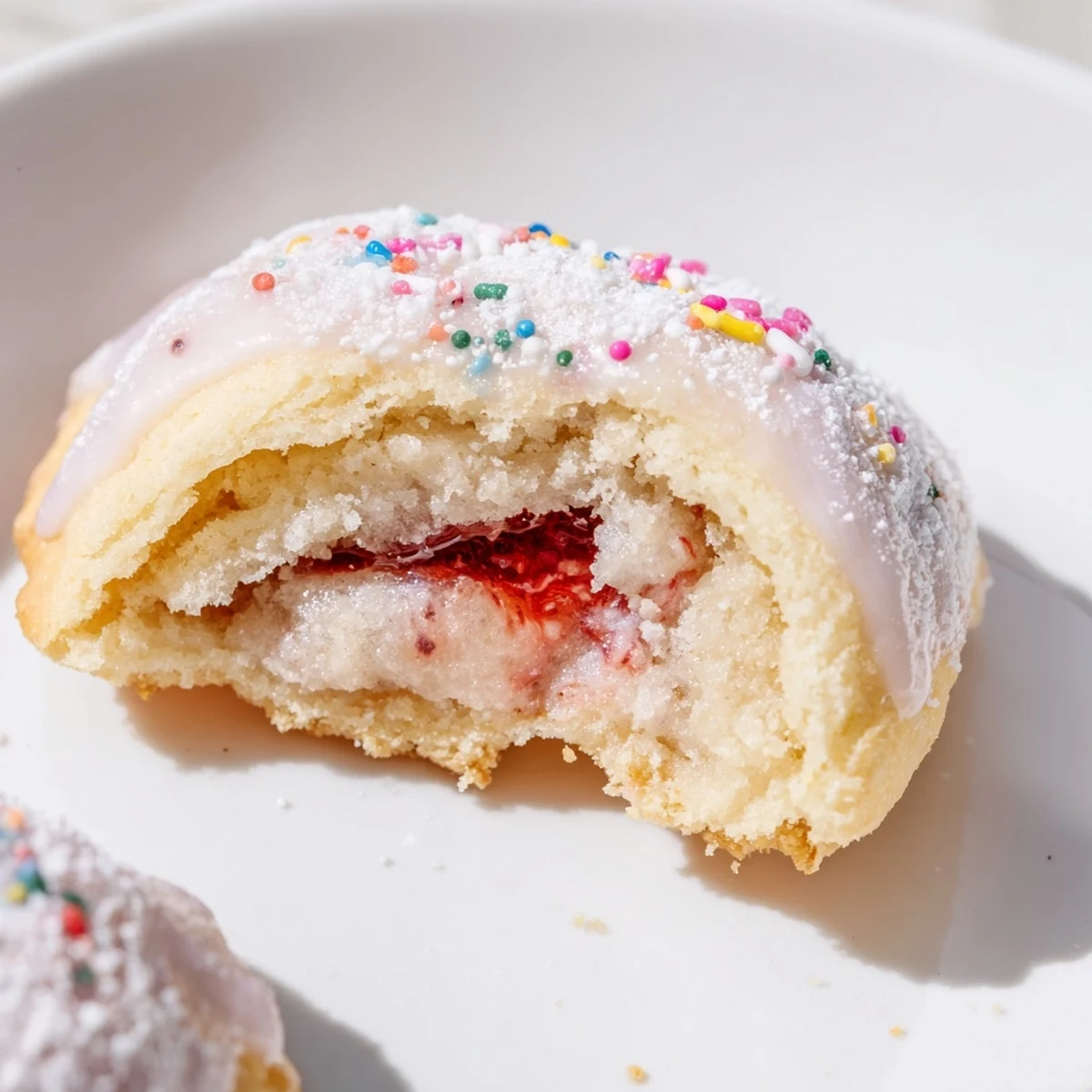 Playful Strawberry Pop Tart Cookies stacked on plate, vanilla glaze and rainbow sprinkles.