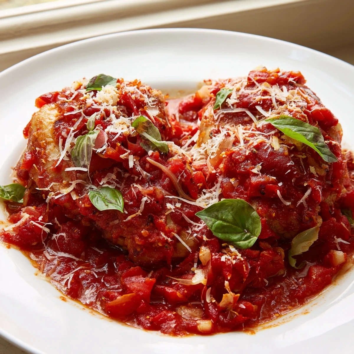 Golden seared Chicken Pomodoro Delight simmering in rich tomato basil sauce with melted Parmesan
