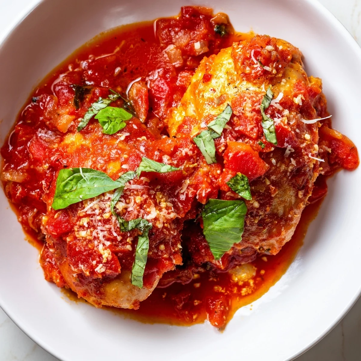 Juicy Chicken Pomodoro Delight nestled in vibrant herb-infused tomato sauce topped with fresh basil