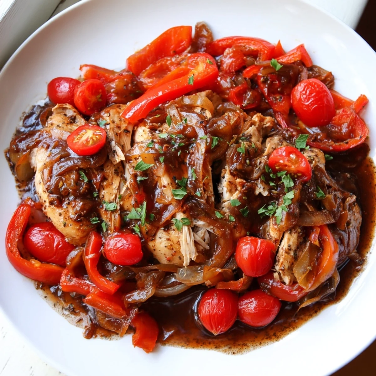 Juicy slow cooker balsamic chicken glistening with a glossy, tangy glaze alongside colorful bell peppers and cherry tomatoes