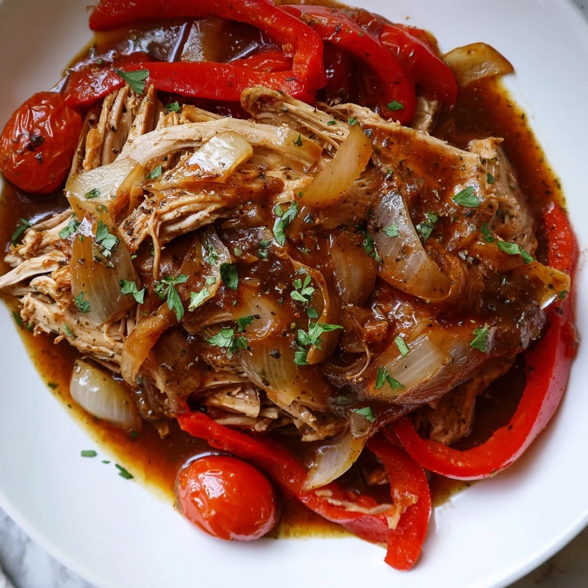 Tender slow cooker balsamic chicken draped in a rich, dark sauce over softened onions and vibrant red peppers
