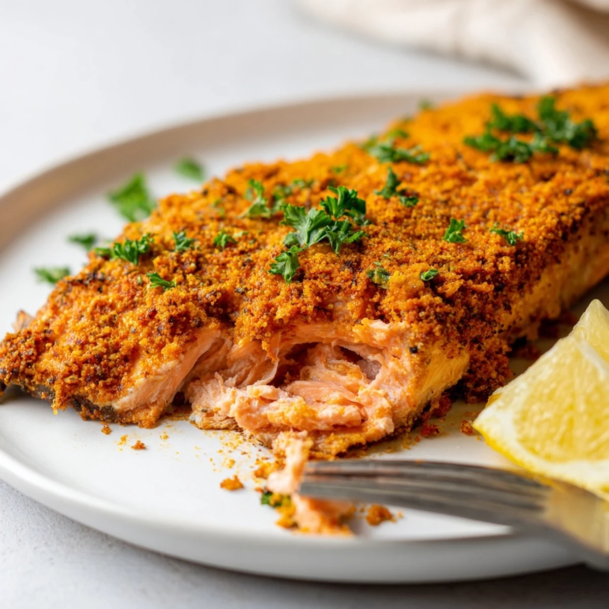 Golden oven baked Cajun salmon fillets with a spiced crust on a parchment-lined sheet pan.