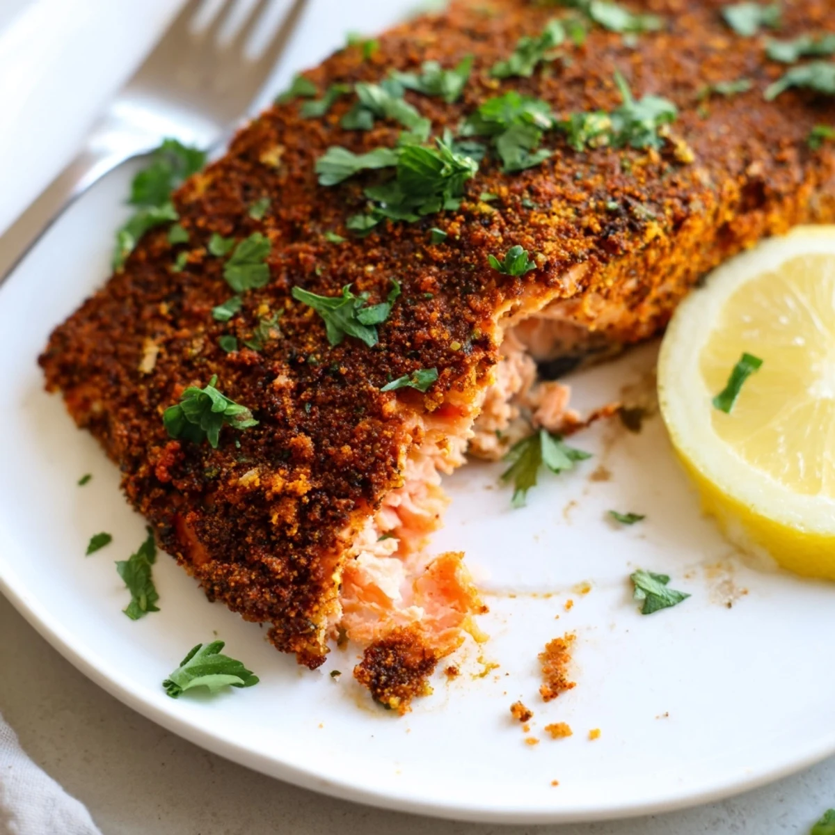 Juicy oven baked Cajun salmon garnished with fresh parsley and bright lemon wedges.
