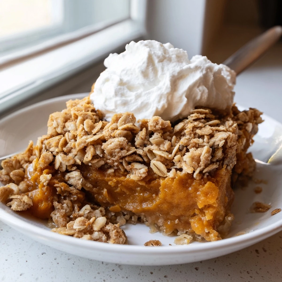 Creamy spiced pumpkin pie crisp topped with buttery crumble and whipped cream