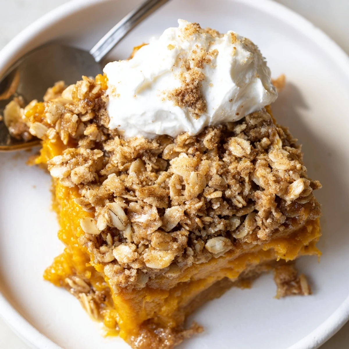 Warm pumpkin pie crisp with golden oat crumble fresh from the oven