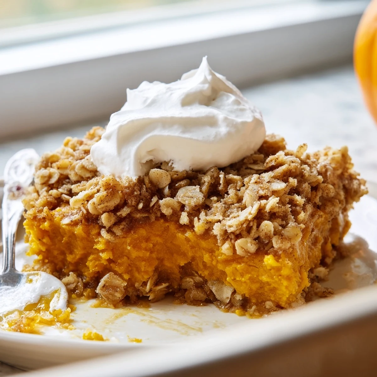 Golden baked pumpkin pie crisp in a rustic dish ready for serving