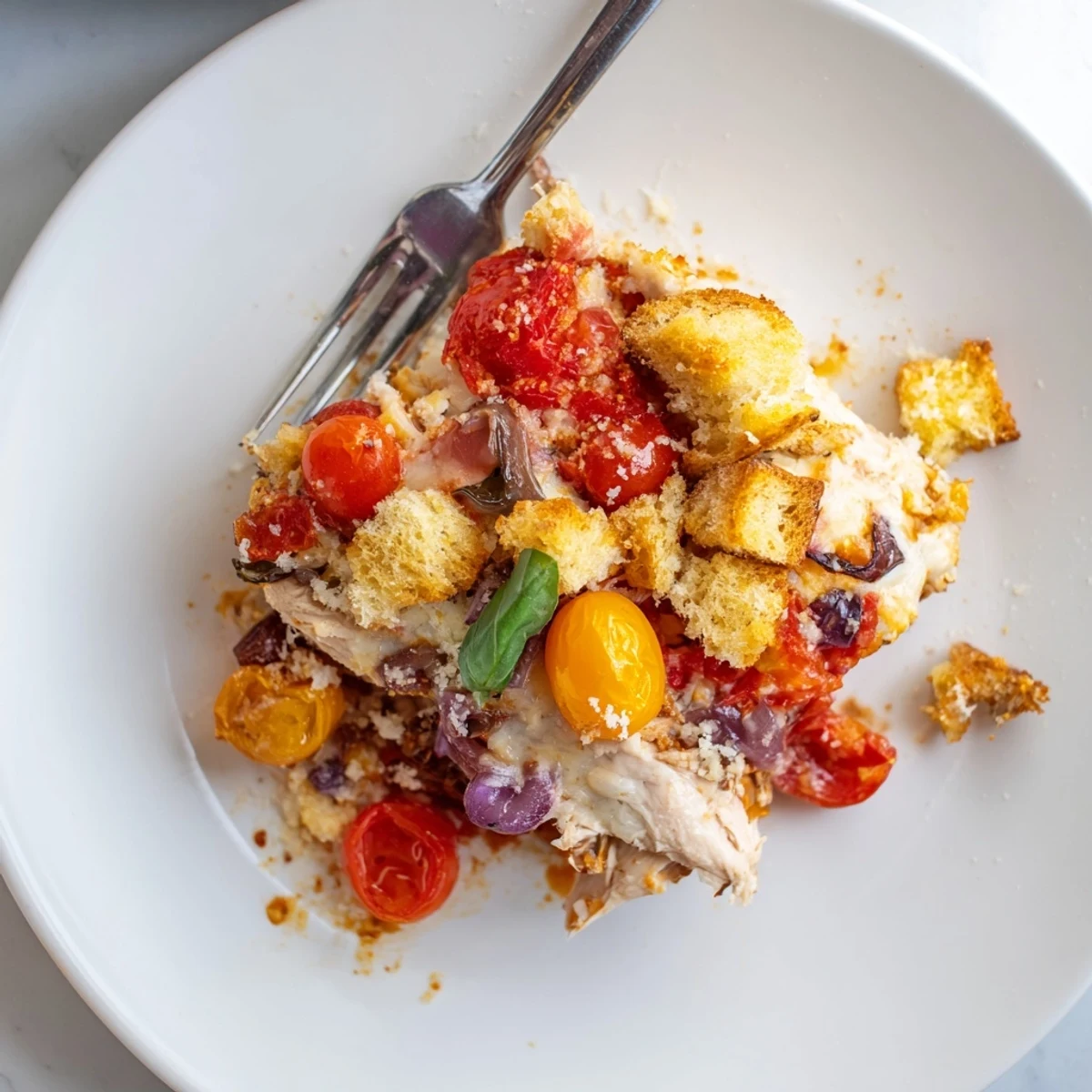 Golden bubbling chicken bruschetta casserole with melted mozzarella and fresh basil leaves