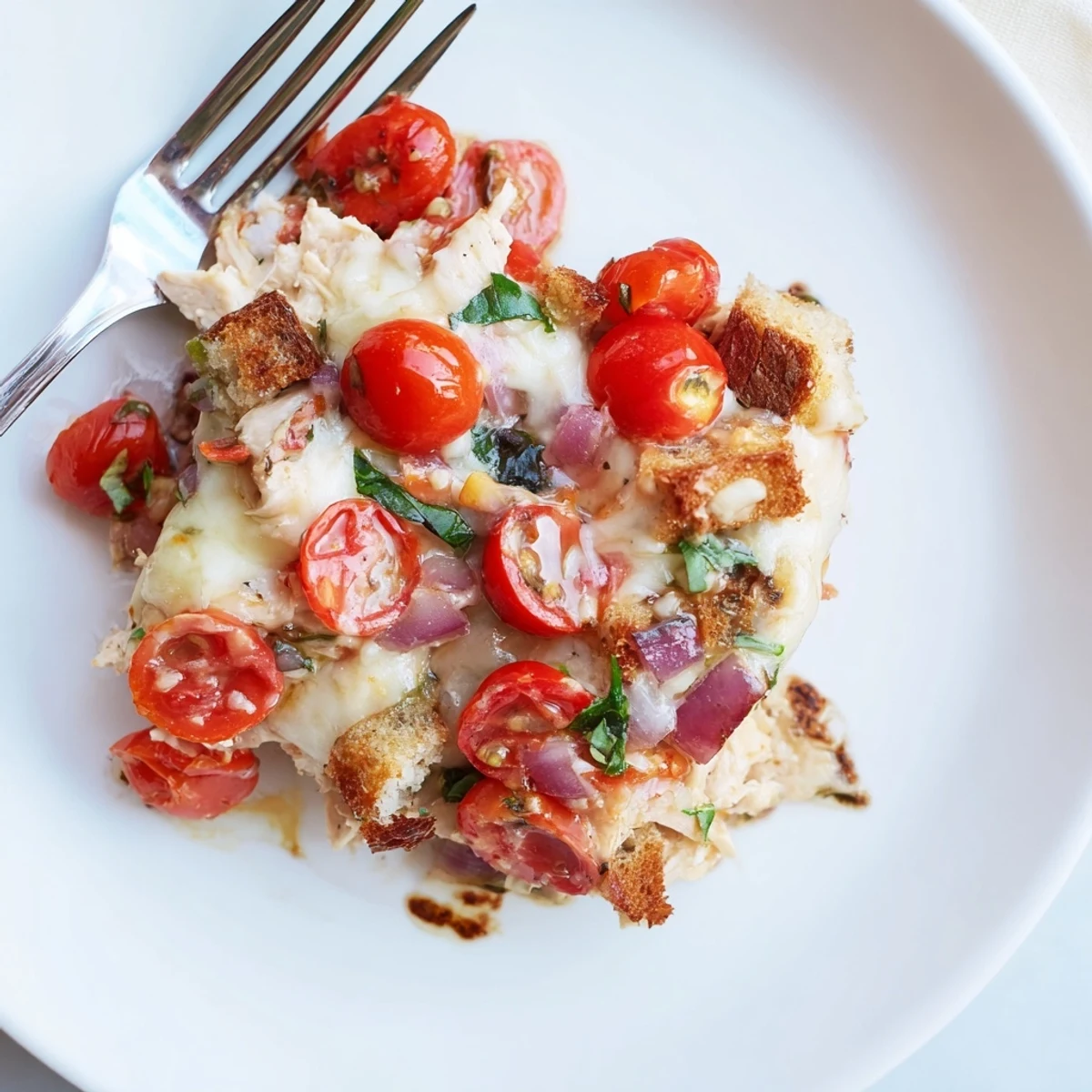 Tender chicken bruschetta casserole topped with juicy tomatoes and crispy toasted bread cubes