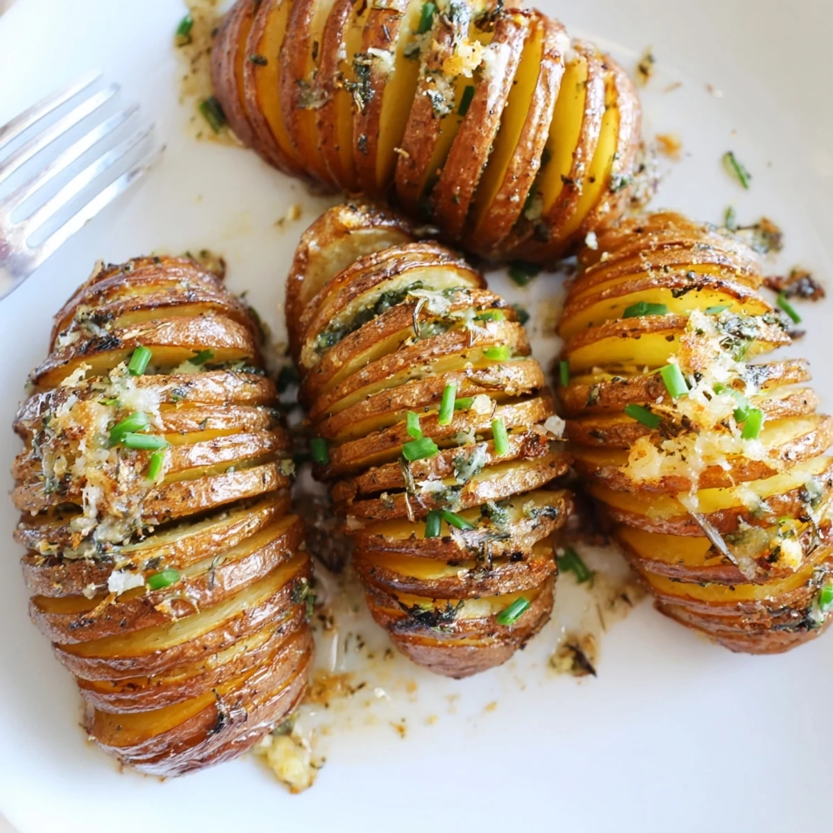 Golden grilled Hasselback potatoes with melted garlic butter and fresh parsley garnish