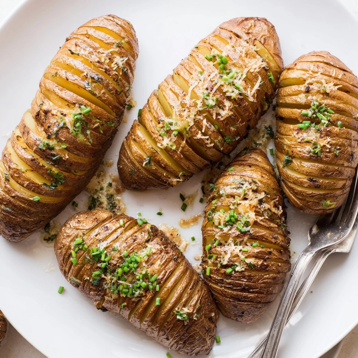 Crispy sliced Hasselback potatoes brushed with herb butter hot off the grill