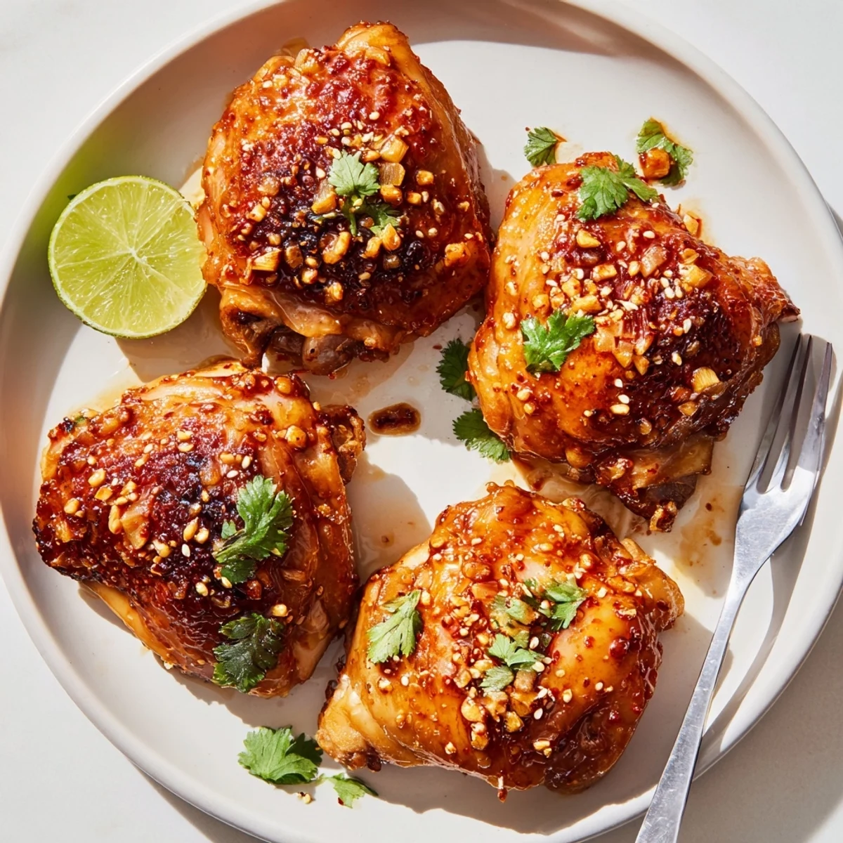 Crispy sweet chili air fryer chicken thighs glistening with a sticky glaze, garnished with sesame seeds and cilantro